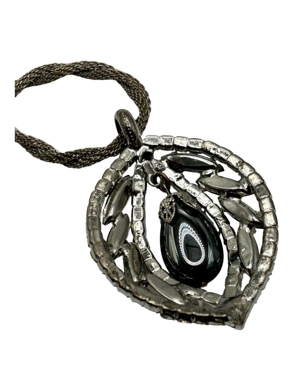 Vintage Juliana Hematite Glass Drop Rhinestone Pendant Necklace